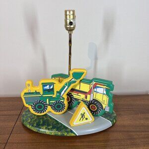 Childs Table Lamp Bulldozer Dump Truck Crossing Sign Wooden Painted Green Yellow